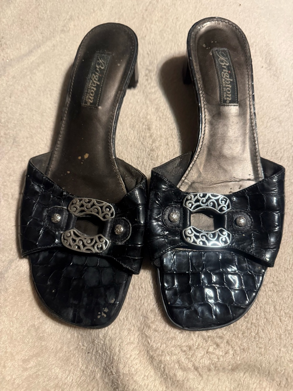 Brighton Lady Black Croc-Embossed Slide Sandals with Silver Filigree Accent